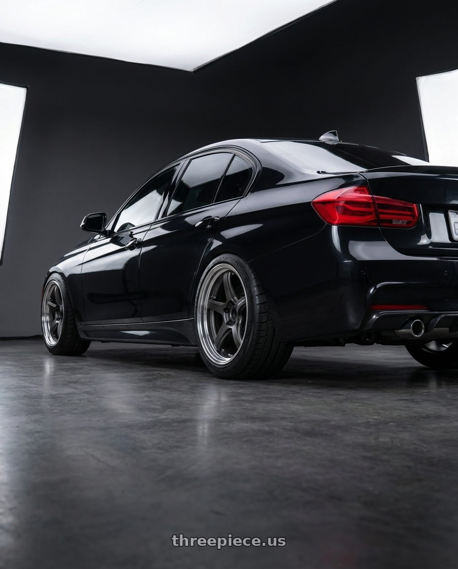 2016 BMW 340i with Work T5R 2P 5x120 19x8.5 +38 Matte Gunmetal wheels rear three quarter view meaty tires