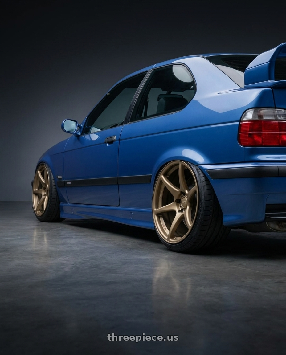 1998 BMW E36 Ti COMPACT BY ITSDENNY.NINES with Kansei K11B Tandem 5X112 18x8.5 35 Bronze wheels rear three quarter view slight stretch tires