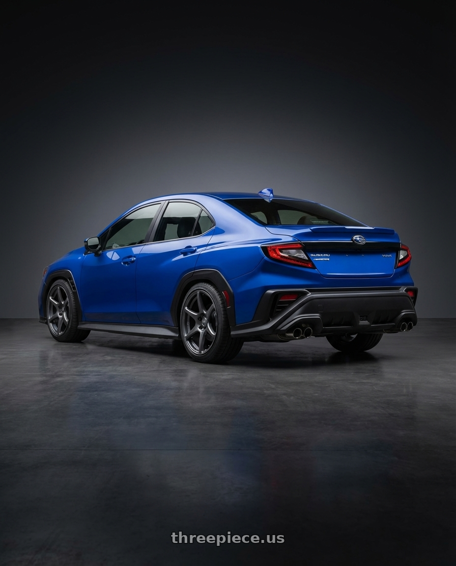 2024 Subaru WRX with Kansei K11G Tandem 5x114.3 18x9 12 Gunmetal wheels rear three quarter view square tires