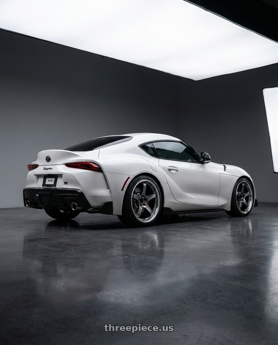 2020 toyota supra with Advan Racing GT BEYOND 5x112 19x9.5 +25 MACHINING & HYPER PLATINUM BLACK wheels rear three quarter view square tires