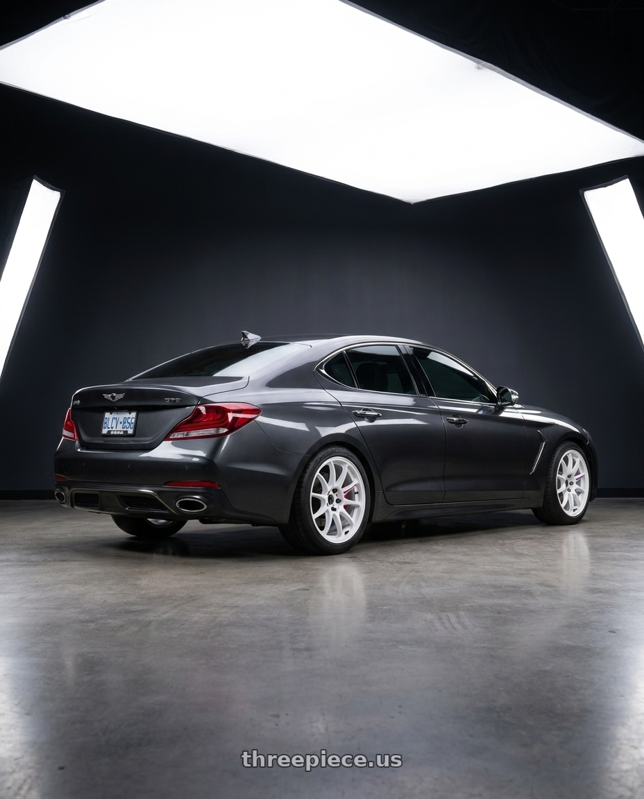 2019 Genesis G70 with Work Emotion Zr10 5x100 18x7.5 +47 Azure White wheels rear three quarter view slight stretch tires