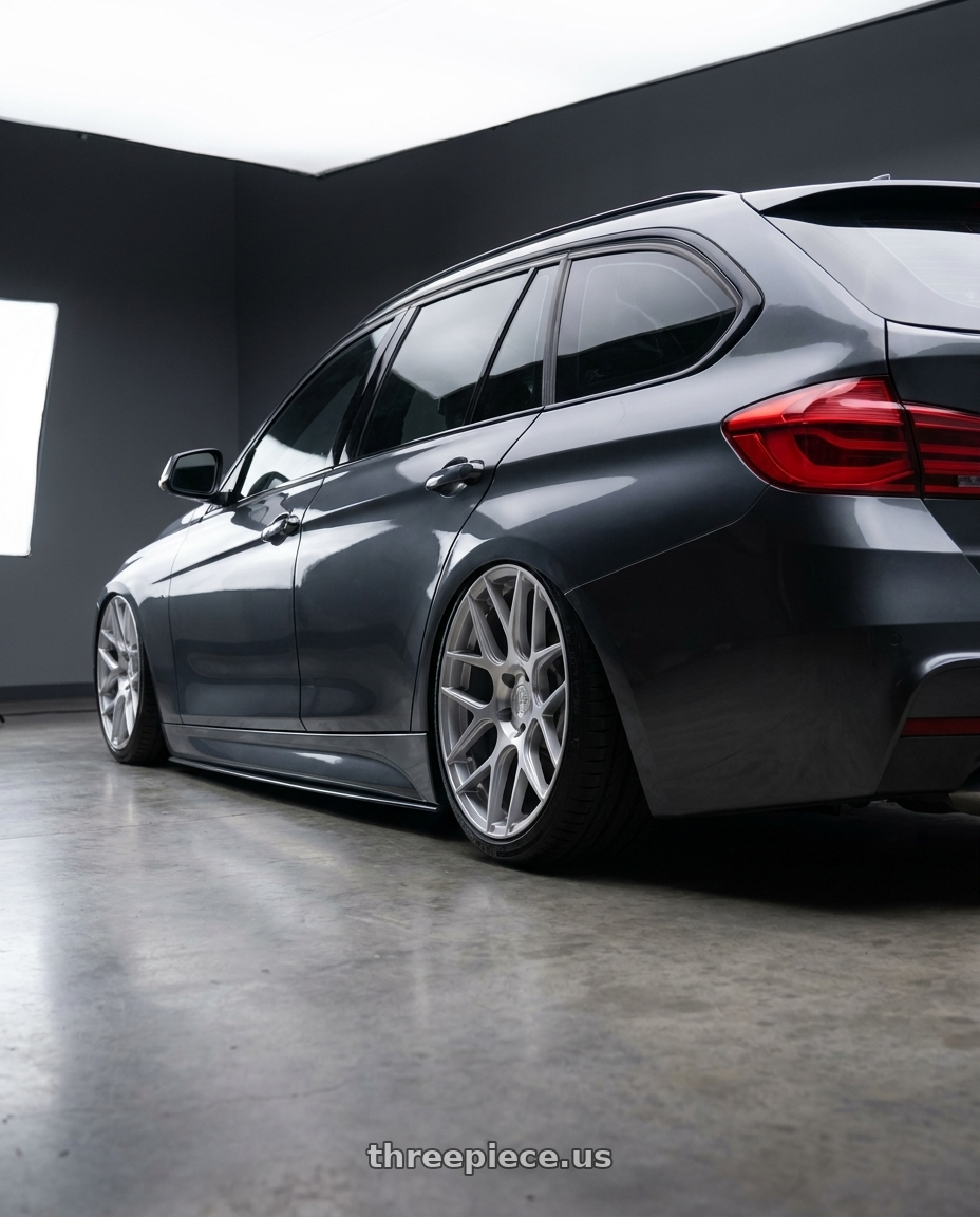2016 BMW 3 Series F30 with Aodhan AFF2 5x120 19x9.5+35 Gloss Silver Machined Face wheels rear three quarter view slight stretch tires