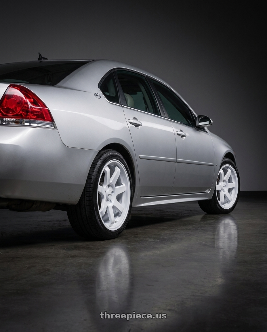 2009 chevy impala ltz with F1R F106 5x100 18x8.5 +35 White wheels rear three quarter view square tires