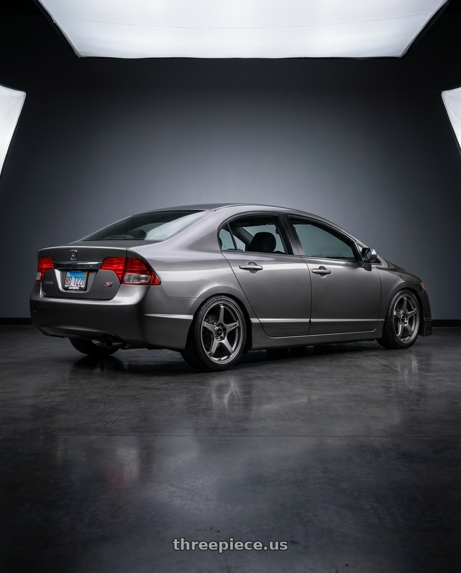 2008 honda civic si with Enkei TS-5 5x114.3 17x8+40 Storm Grey wheels rear three quarter view square tires
