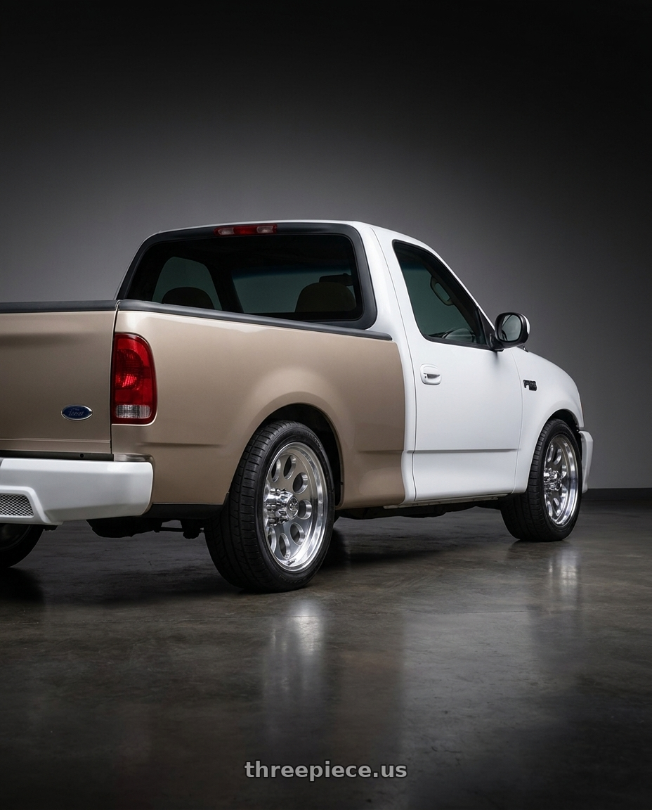 1998 ford f150 with Ion Type 171 5x135 16x8-5 Polished wheels rear three quarter view square tires
