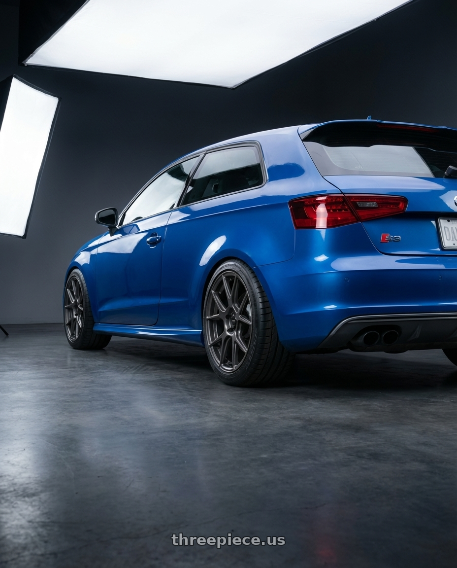 2019 Audi S3 8V with Konig Ampliform 5x112 18x8.5+43 Dark Metallic Graphite wheels rear three quarter view square tires