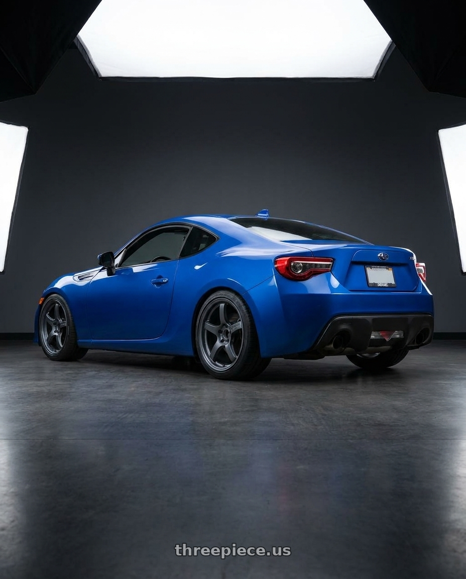 2017 Subaru BRZ with Gram Lights 57CR 5x100 17x9+38 Gunblue II wheels rear three quarter view square tires