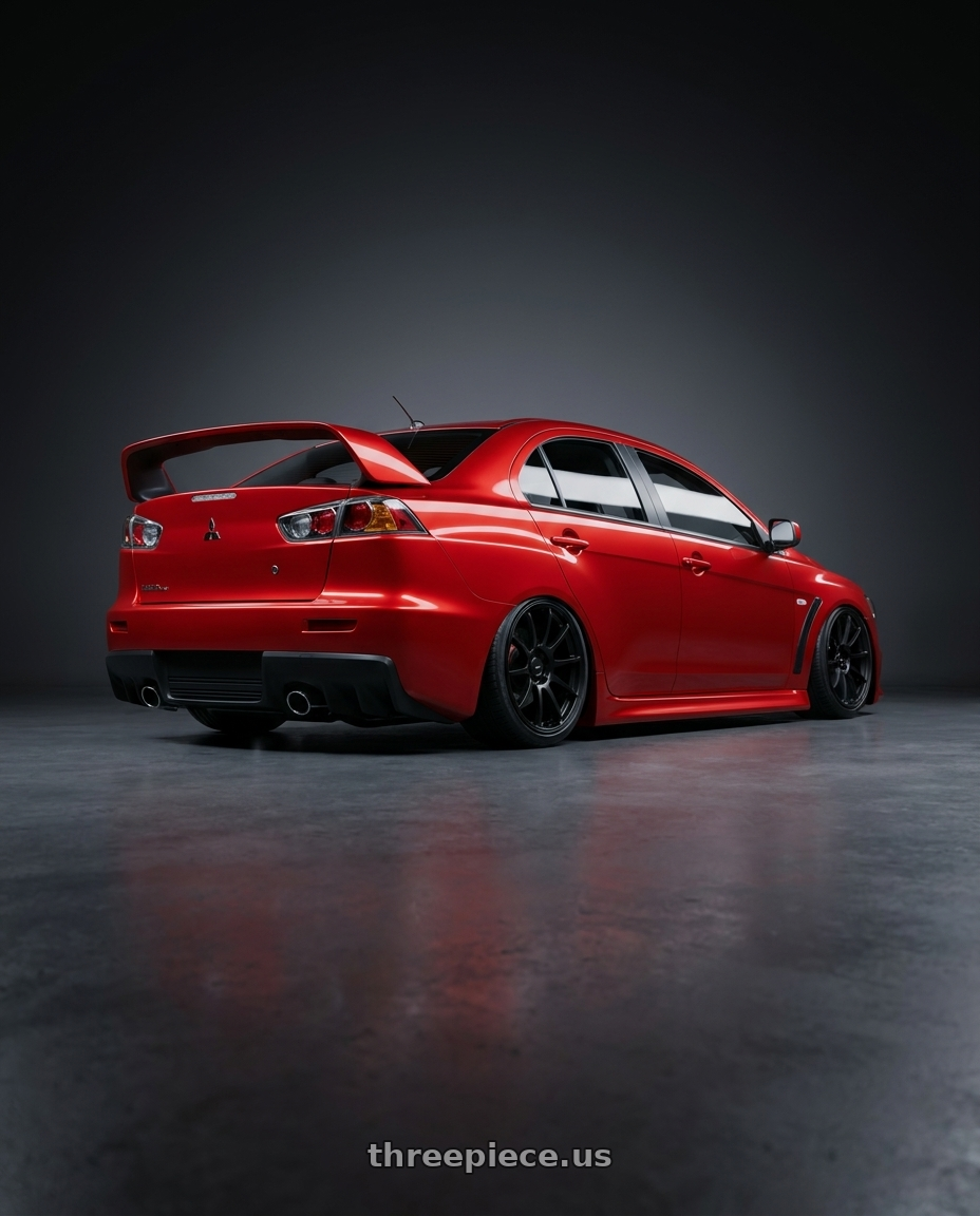 2012 Mitsubishi Lancer Evo X with Ssr Gtv02 5x114.3 18x9+45  FLAT BLACK wheels rear three quarter view slight stretch tires
