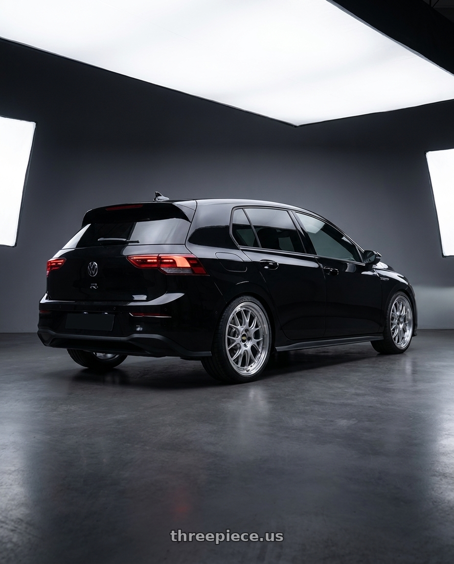 2023 golf 8 variant r line black with BBS LM-R 5x114.3 19x8.5+43 Diamond Silver wheels rear three quarter view square tires