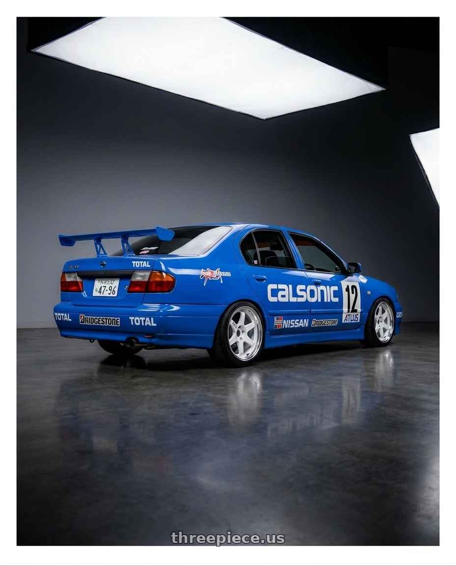 1996 Nissan primera camino with Volk Racing TE37SL 5x114.3 19x9.5 +22 DASH WHITE wheels rear three quarter view slight stretch tires
