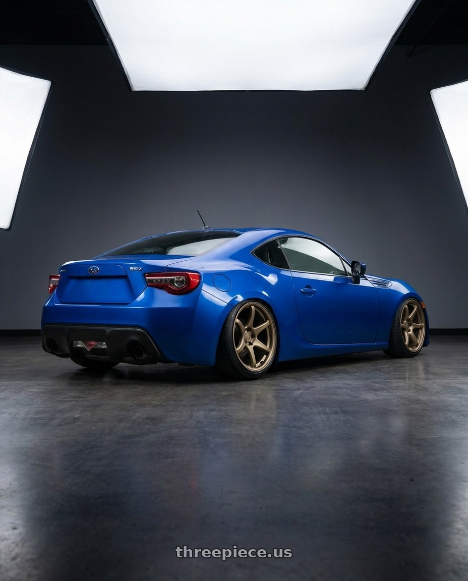 2017 Subaru BRZ with Kansei K11B Tandem 5X100 18x8.5 35 Bronze wheels rear three quarter view slight stretch tires