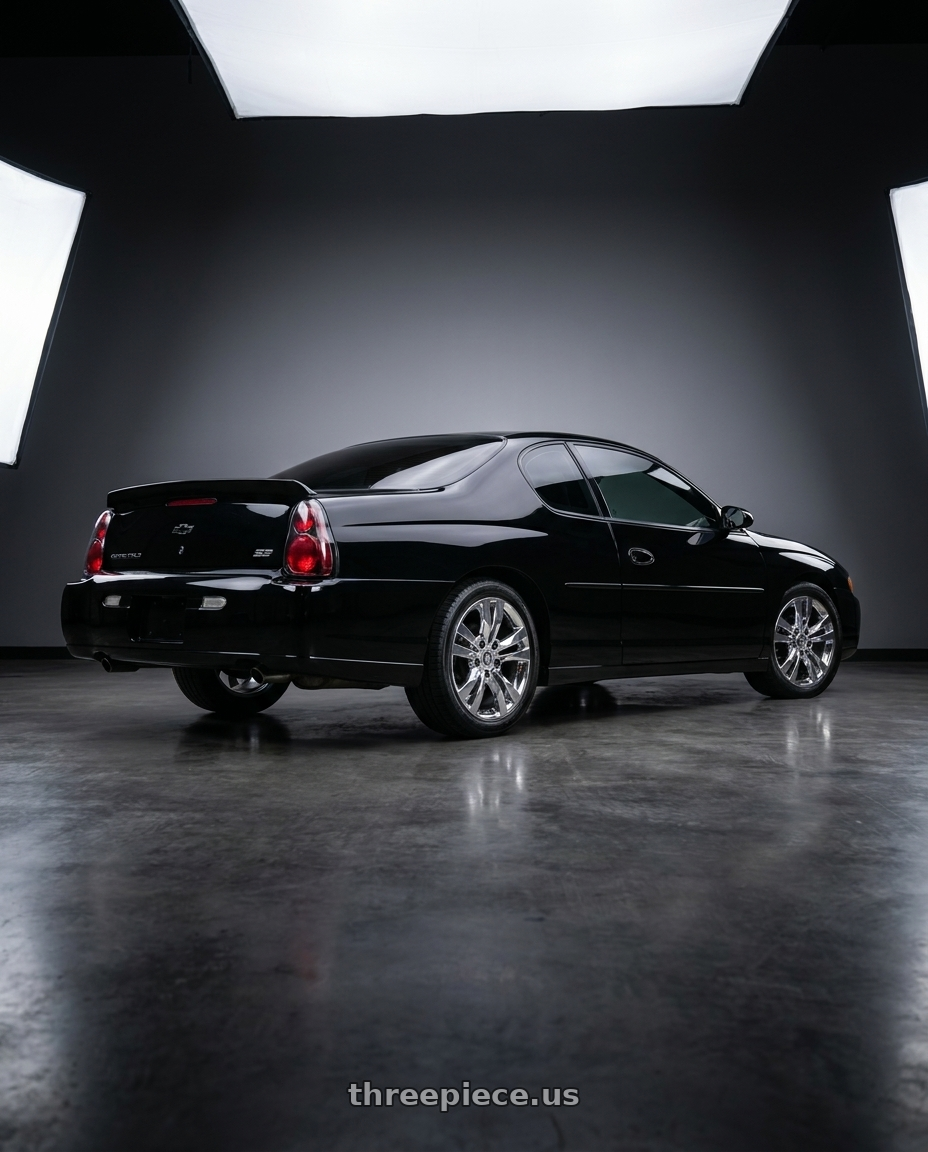 2002 Chevrolet Monte Carlo SS Black with OE Wheels CA15A 5x115 18x8.5+40 Chrome wheels rear three quarter view square tires