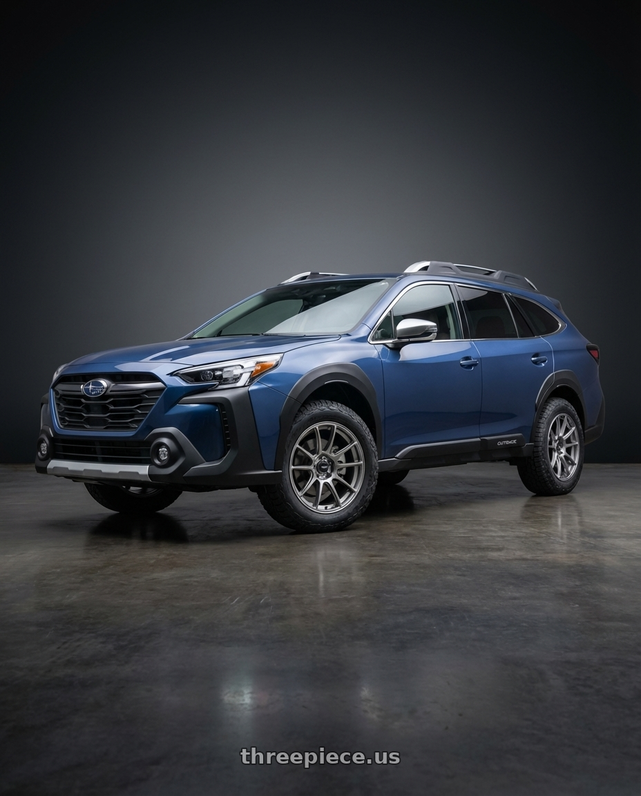 2025 subaru outback touring xt with Konig Heliogram 5X114.3 18x8.5+42 Titanium Metallic Knurled Bead Flow Formed wheels front three quarter view stock stance