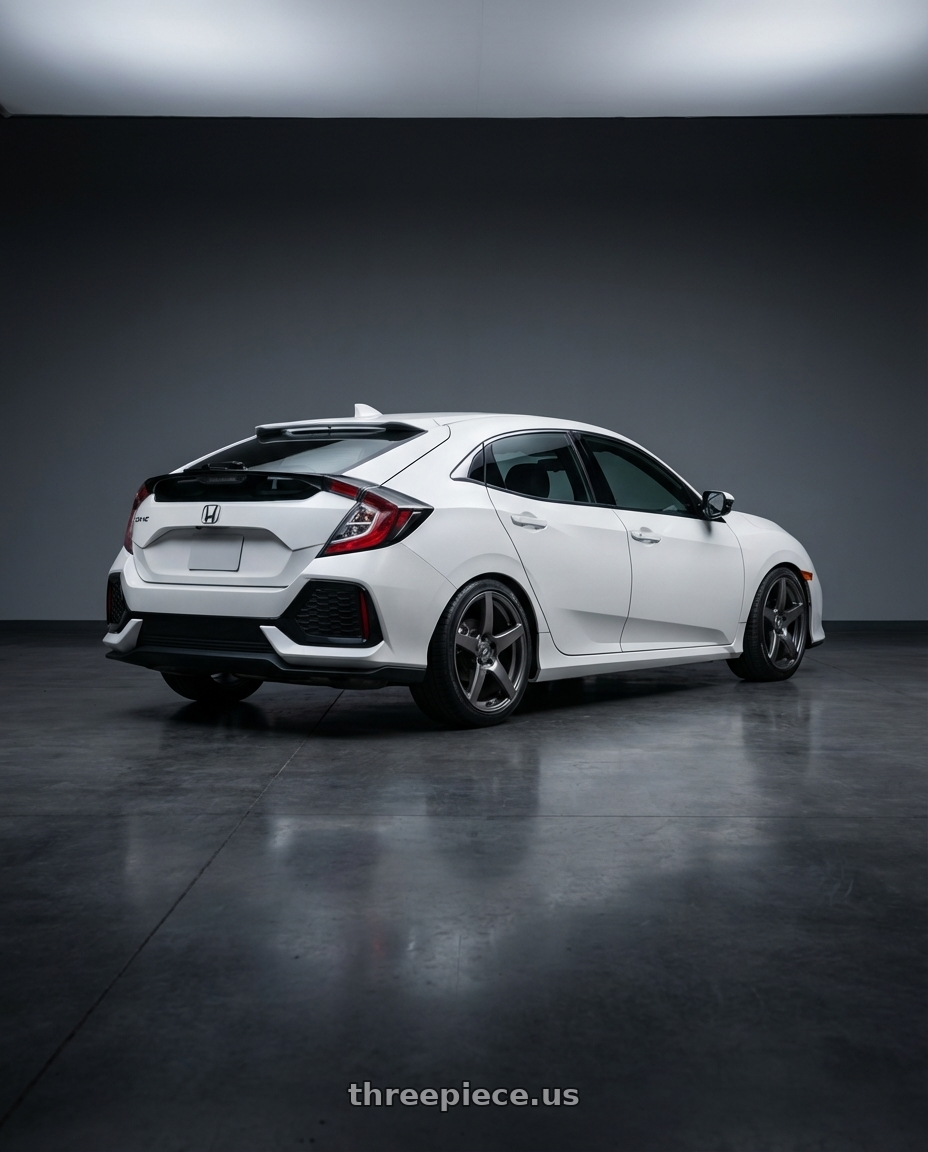 2019 Honda Civic with Forgestar CF5 5x114.3 18x10 +42 Gloss Anthracite wheels rear three quarter view square tires