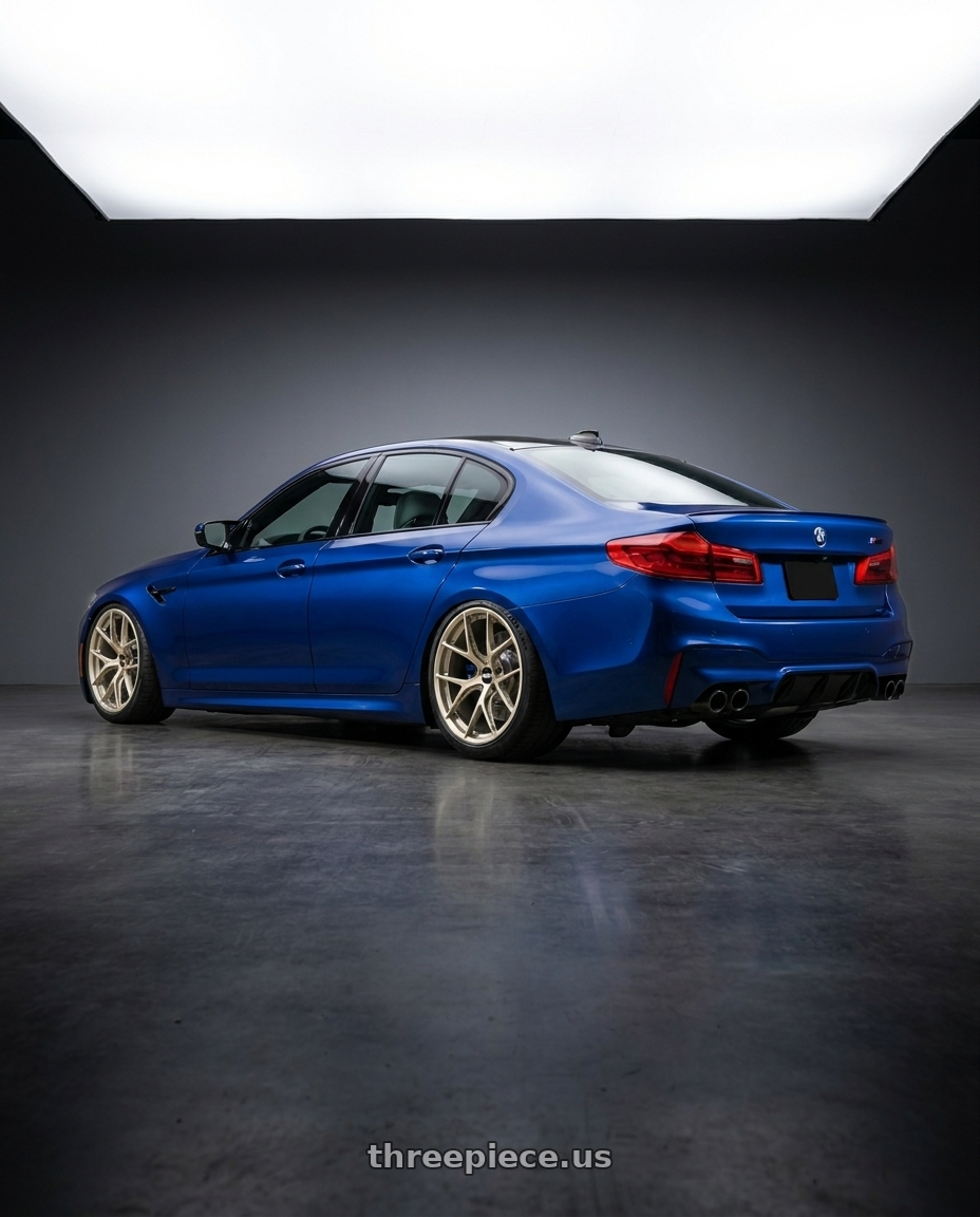 2018 Bmw m5 with BBS FI-R Evo 5x112 19x9.5+15 White Gold wheels rear three quarter view slight stretch tires