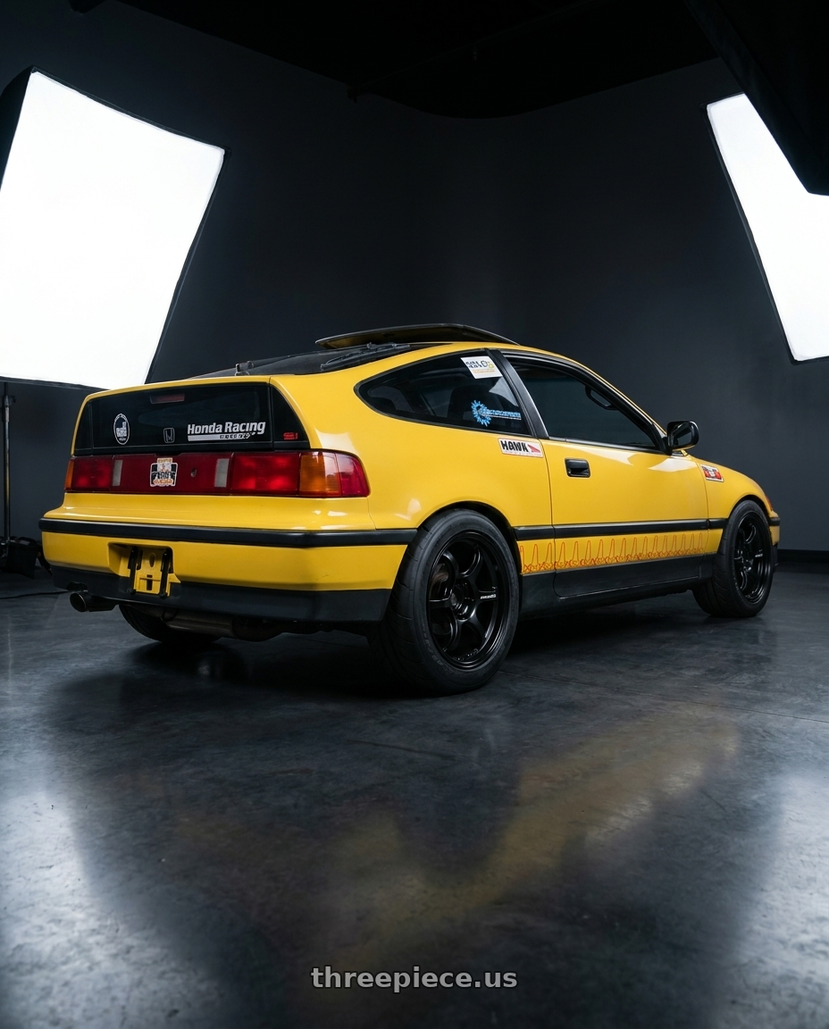 1989 Honda CRX with Advan Racing RG-D2 4x100 15x7.5 +40 SEMI GLOSS BLACK wheels rear three quarter view meaty tires