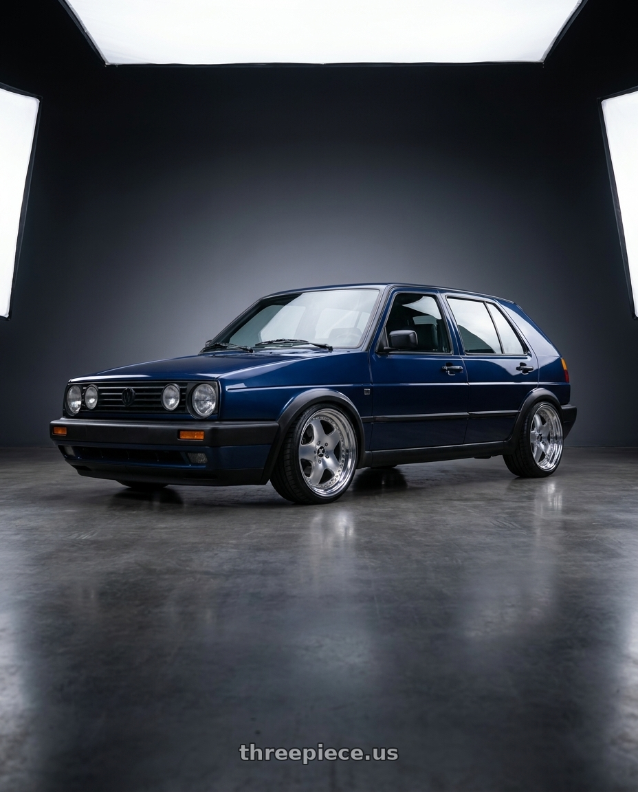 1990 vw golf mk2 hatchback 5 doors , dark blue with Amani Apollo 5x112/5x114.3 22x9 +32 Brush Center Chrome Lip wheels