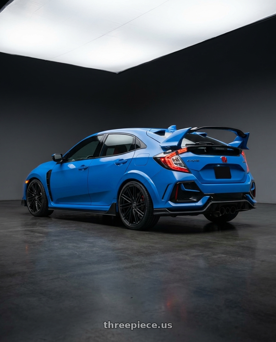 2021 Honda Civic Type R with Petrol P1C 5X120 19X8 +35 GLOSS BLACK wheels rear three quarter view square tires