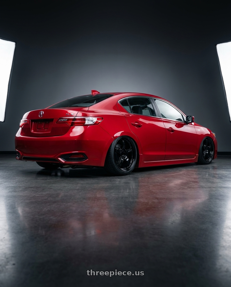 2012 Acura ILX with Gram Lights 57CR 5x114.3 17x9+12 Glossy Black wheels rear three quarter view slight stretch tires