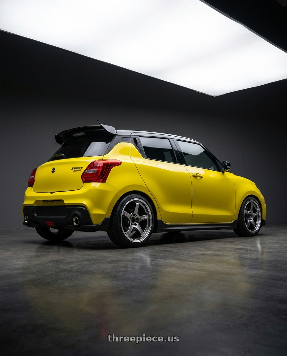 2018 swift sport with Advan Racing GT BEYOND 5x114.3 17x7.5 +48 MACHINING & HYPER PLATINUM BLACK wheels rear three quarter view square tires