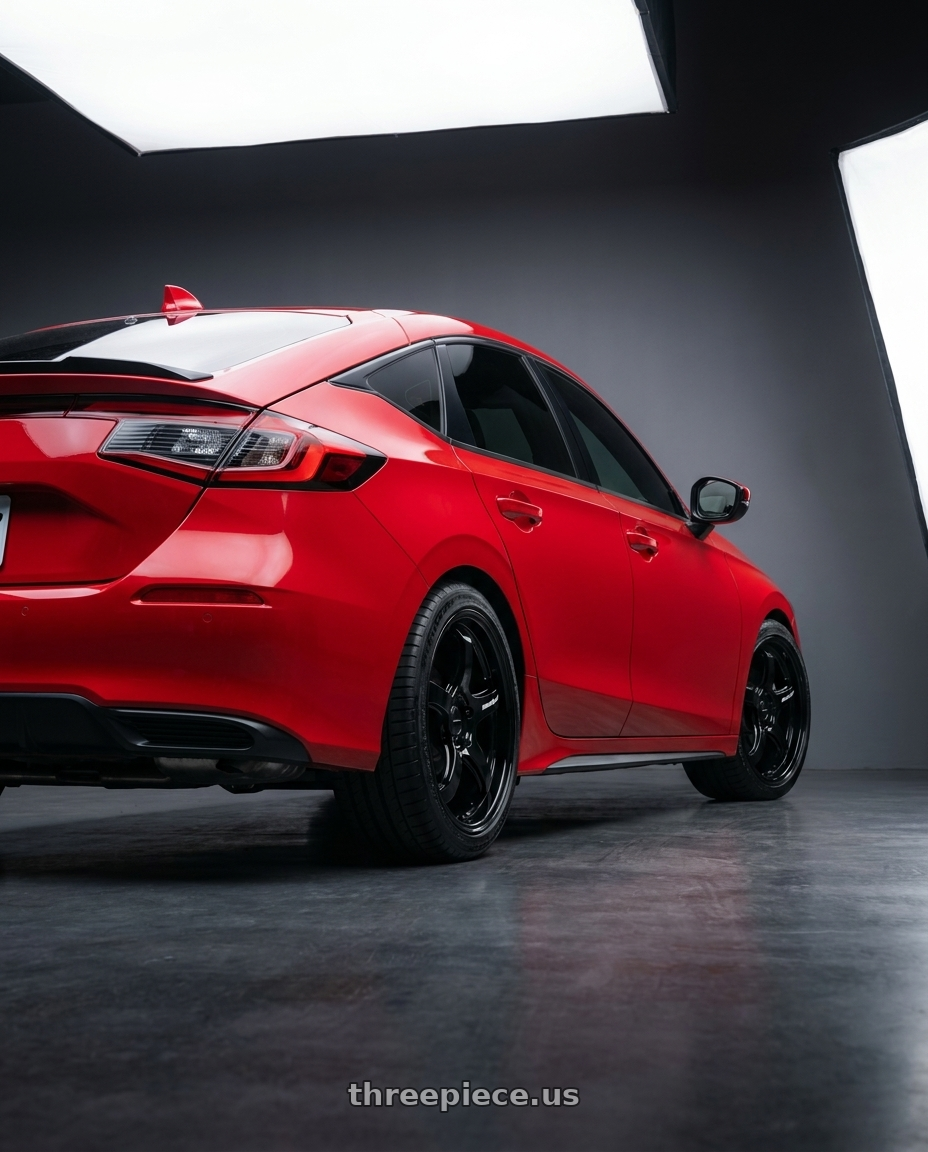 2025 Honda Civic with WedsSport RN-05M 5x114.3 18x8.5+38 Gloss Black wheels rear three quarter view square tires