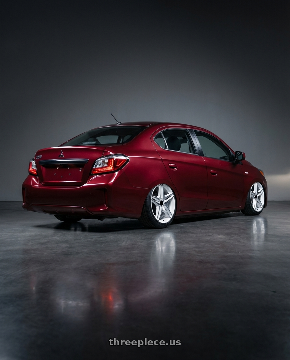 2024 mitsubishi mirage g4 red with REPLICA WHEELS R5055 5x112 20x9.5+35 WHITE / MACHINED wheels rear three quarter view slight stretch tires