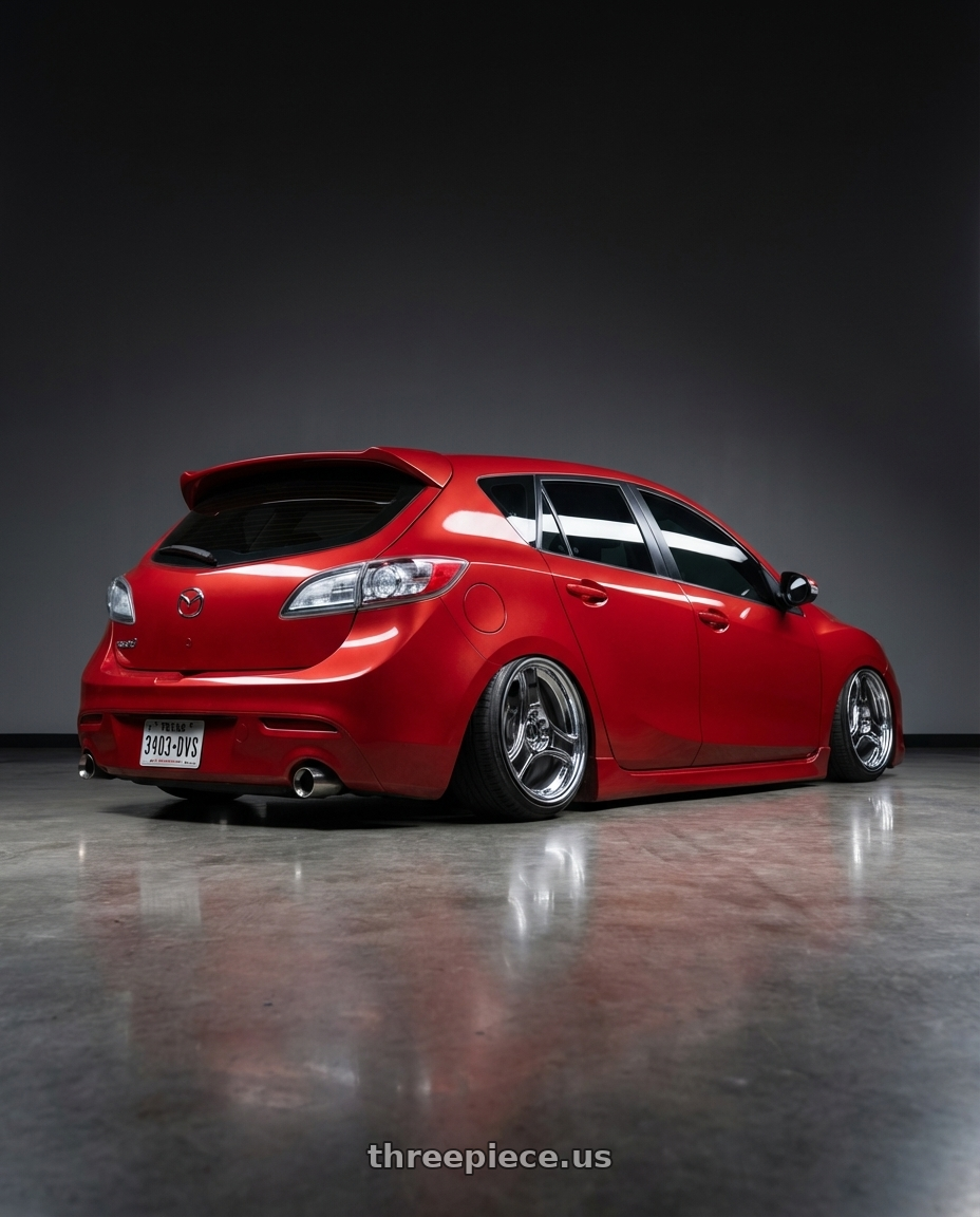 2010 Mazda 3 GT Sport Red with HERITAGE WHEEL BUSHIDO MONOC 5x114.3 18x9.5 +38 CHROME wheels rear three quarter view extreme stretch tires