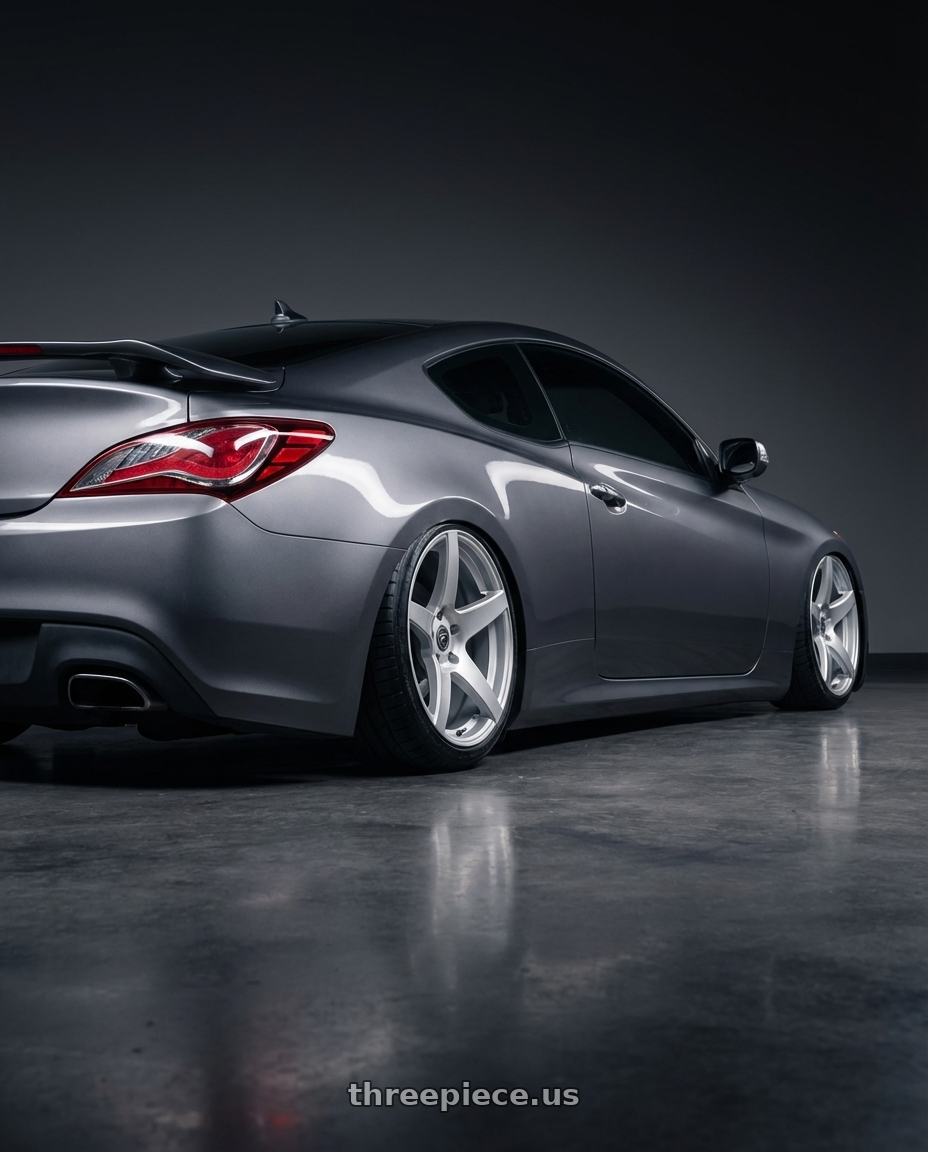 2014 Hyundai Genesis Coupe with Forgestar CF5 5x114.3 19x9.5 +29 Gloss Silver wheels rear three quarter view slight stretch tires