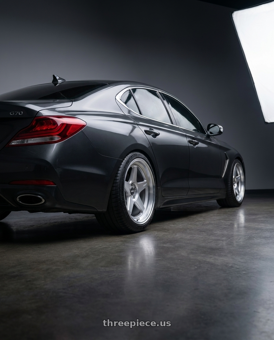 2019 Genesis G70 with ESR Wheels CR SERIES CR5 5x105 19x10 +25 Hyper Silver wheels rear three quarter view slight stretch tires