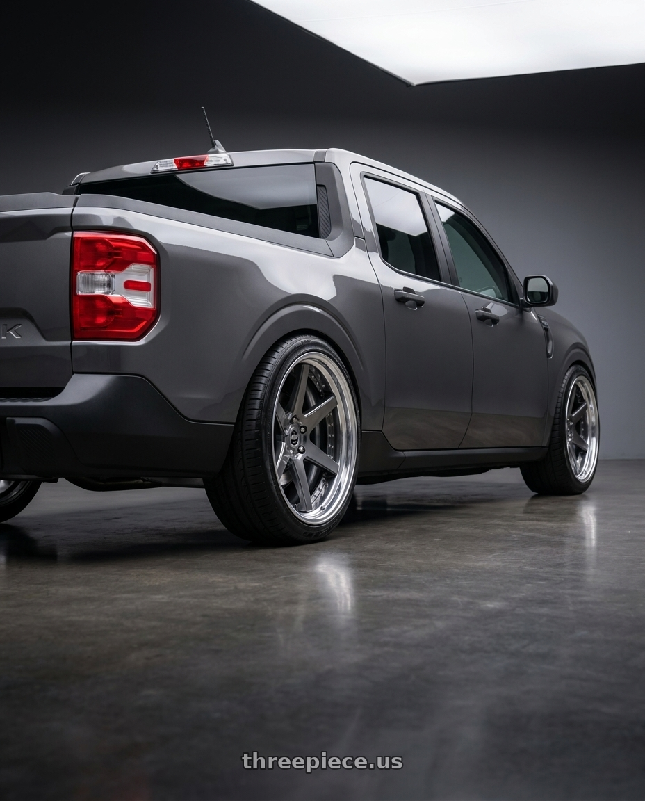 2026 ford maverick with Work Zeast Black Label Bst1 5x108 19x11+30 R Disk Brilliant Silver Black wheels rear three quarter view slight stretch tires
