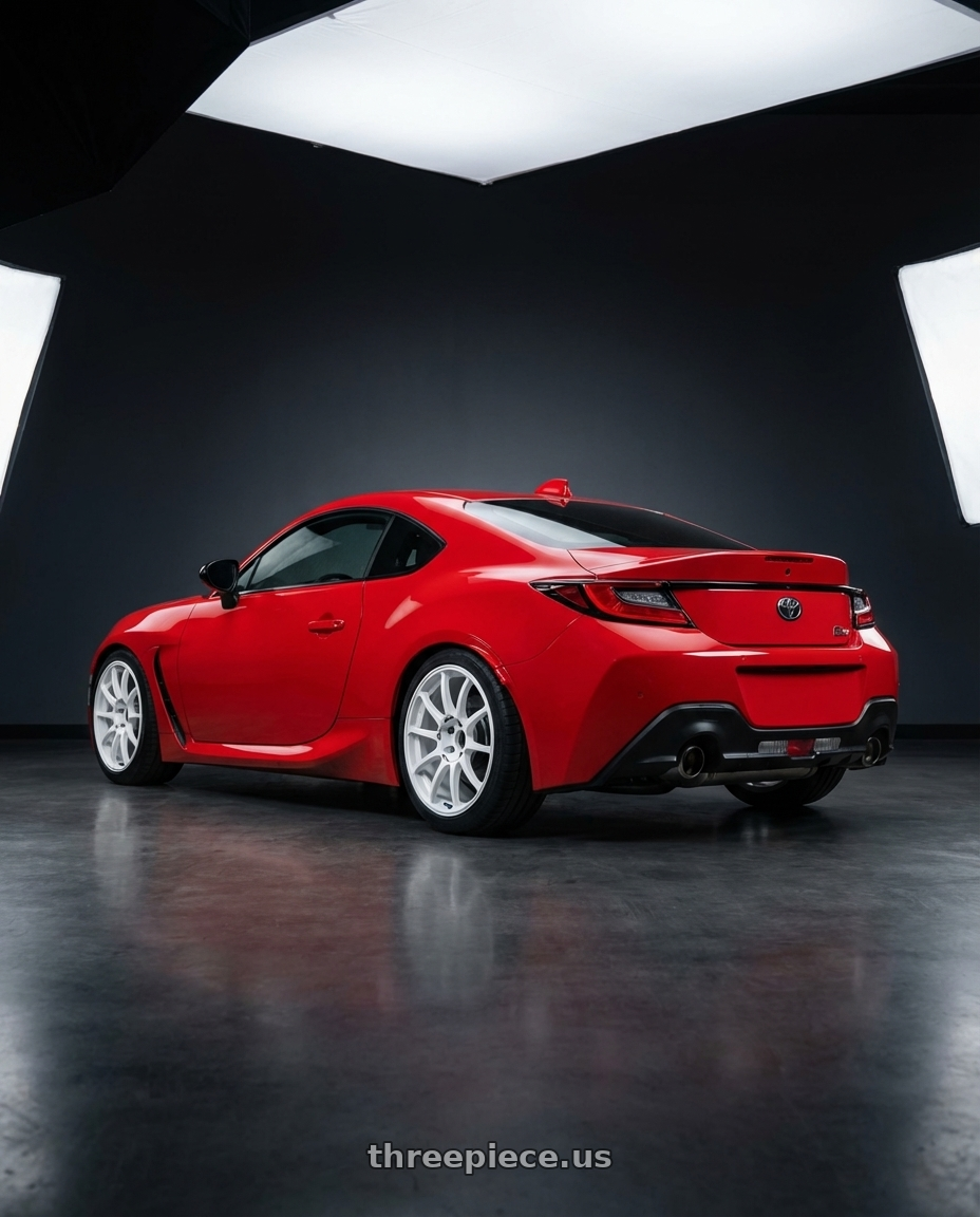 2024 Toyota GR86 with Advan RCIII 5x114.3 18x7.5+45 White wheels rear three quarter view square tires