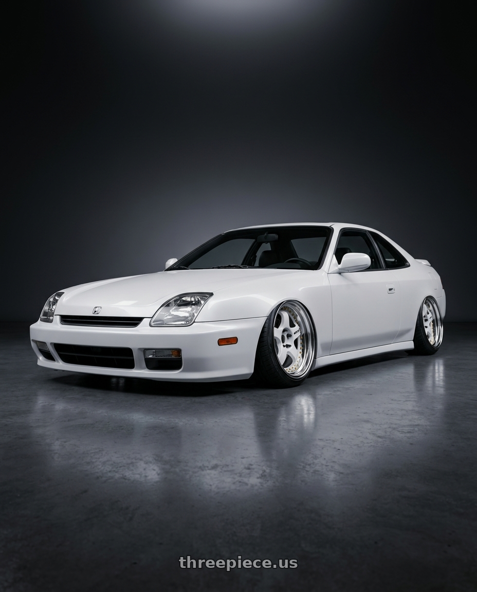 2000 Honda Prelude with Work Meister S1 3P 5x114.3 19x9.5+24 R Disk White wheels front three quarter view slammed stance