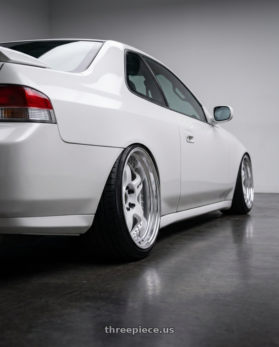 2000 Honda Prelude with Work Meister S1 3P 5x114.3 19x9.5+24 R Disk White wheels rear three quarter view extreme stretch tires