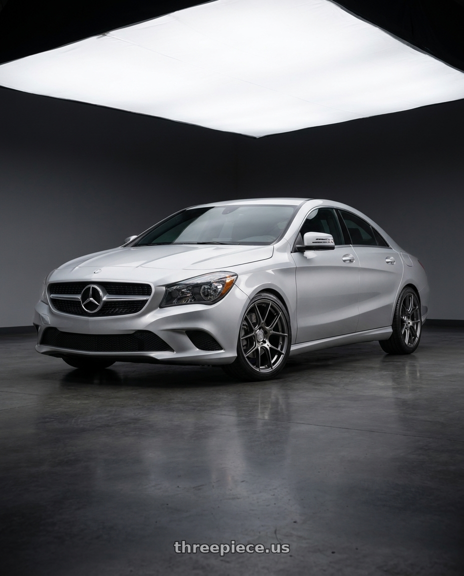 2016 Mercedes-Benz CLA250 with Aodhan AH-X 5x112 18x8.5+35 Hyper Black wheels front three quarter view lowered stance