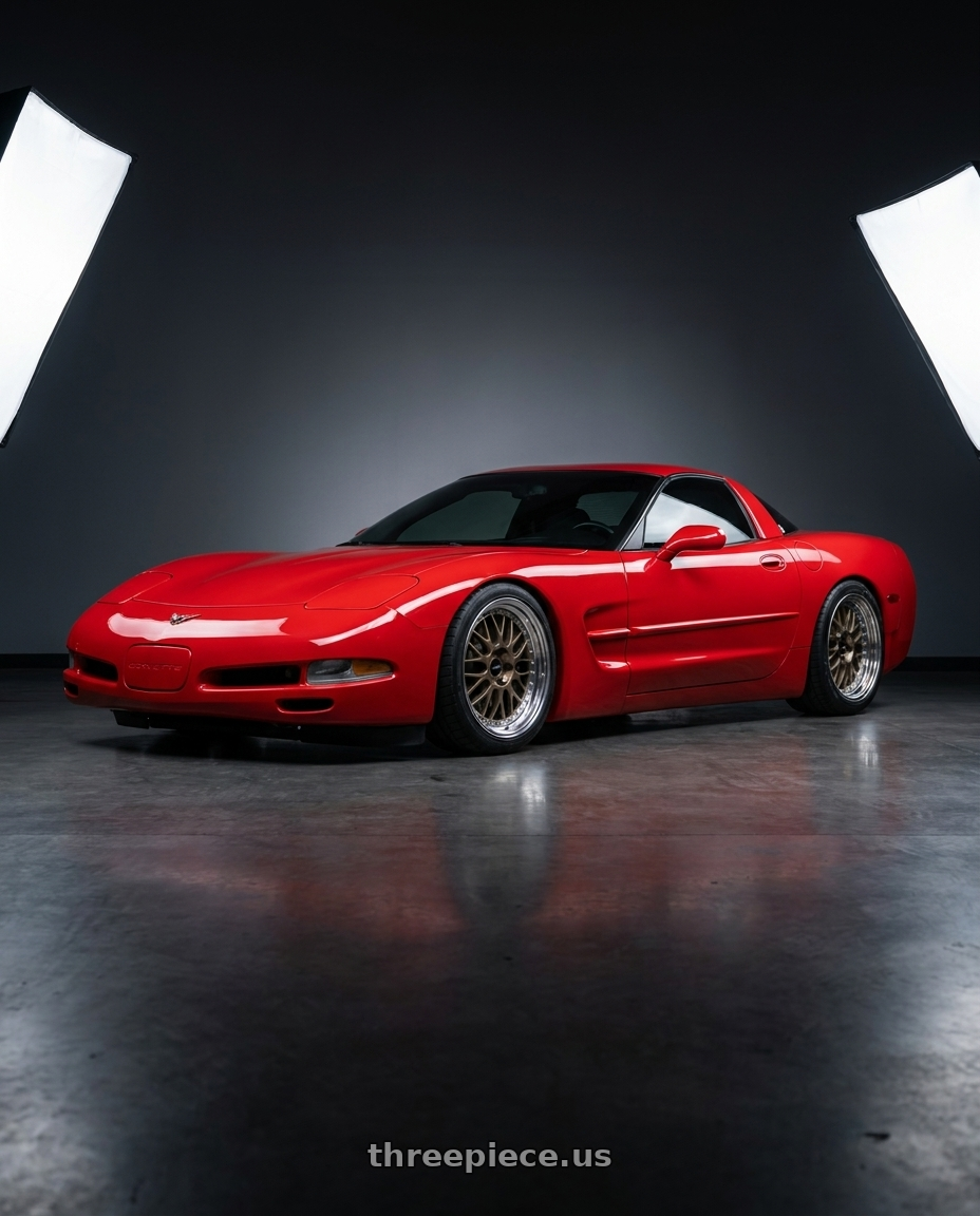 2001 Chevy corvette red base with Work Meister M1 3p 5x120.65 19x12-38 A Disk Titanium Gold wheels