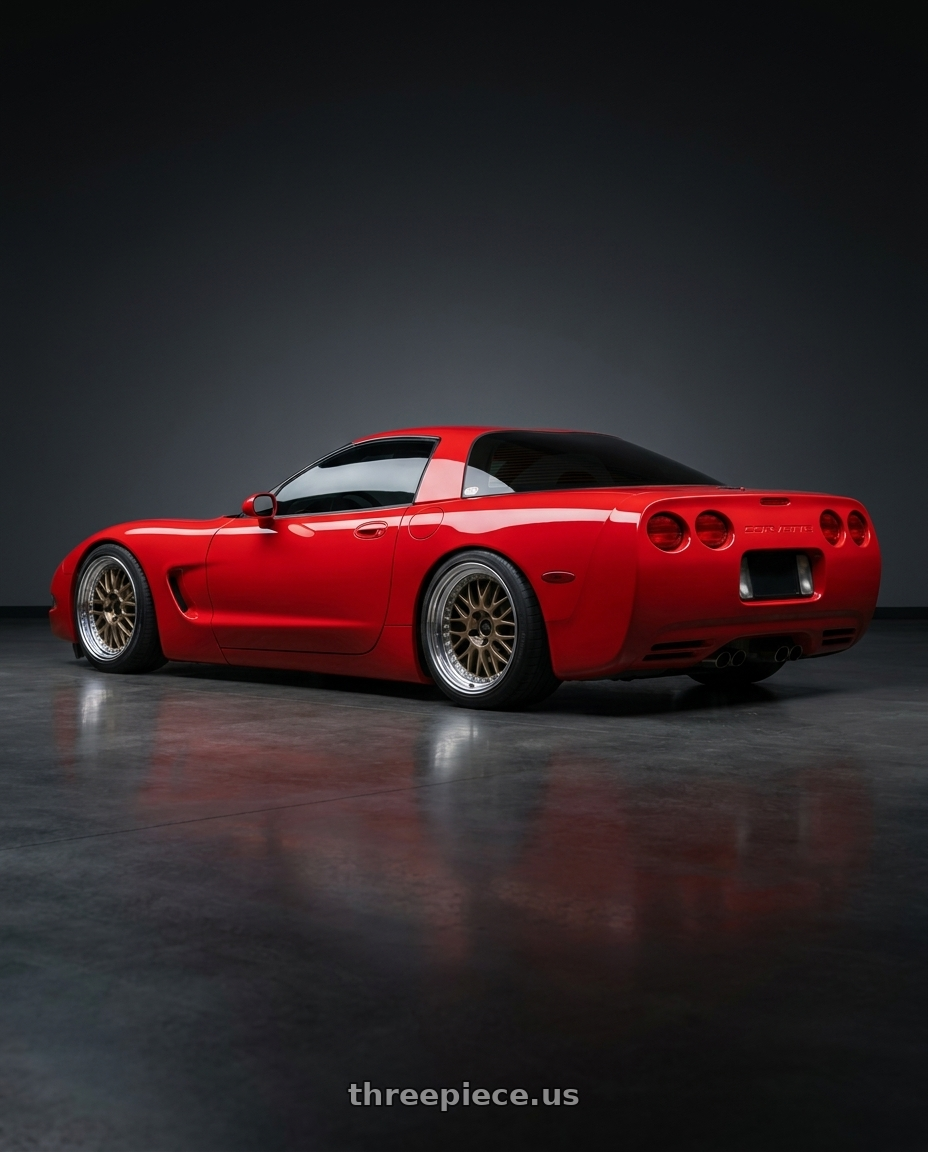 2001 Chevy corvette red base with Work Meister M1 3p 5x120.65 19x12-38 A Disk Titanium Gold wheels rear three quarter view square tires