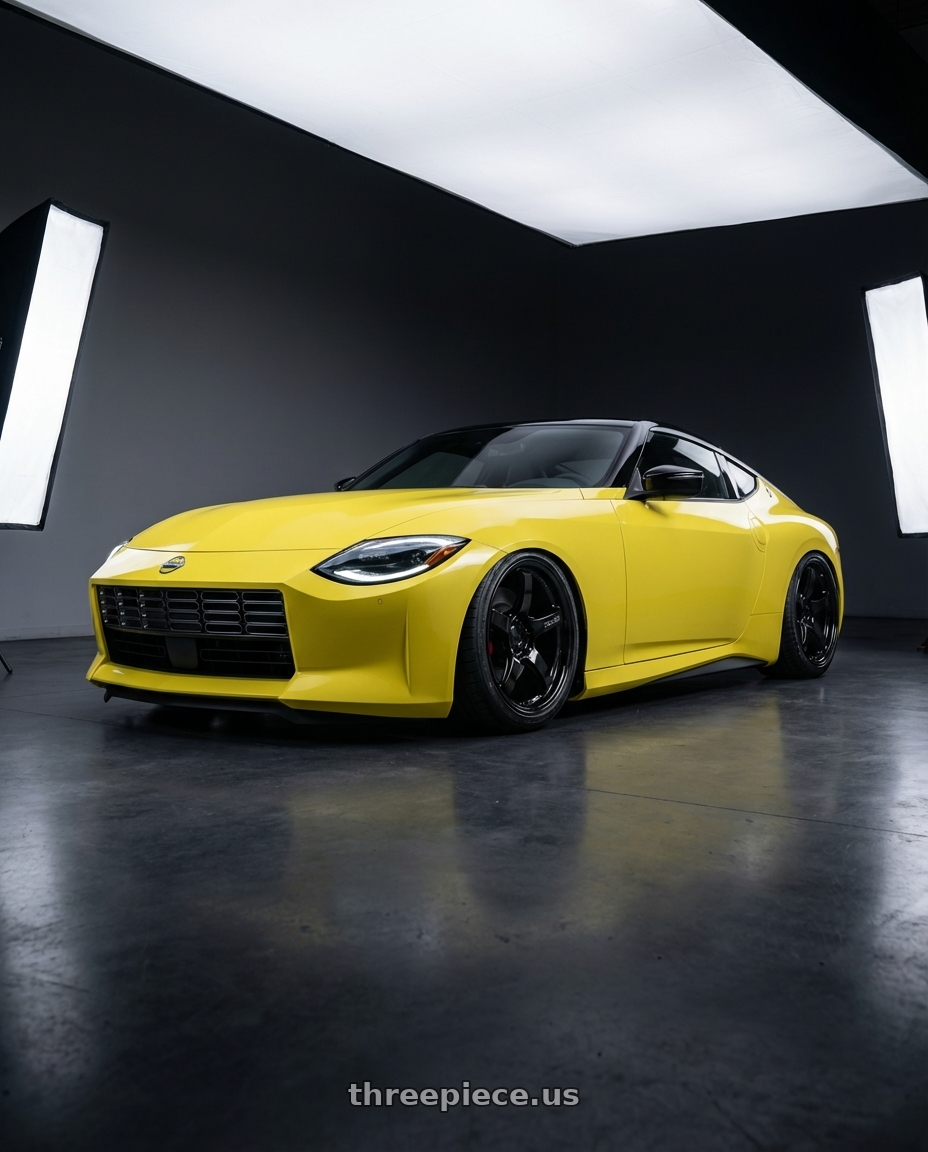 2024 Nissan Z with Gram Lights 57CR 5x114.3 19x8.5+35 Glossy Black wheels front three quarter view stanced stance