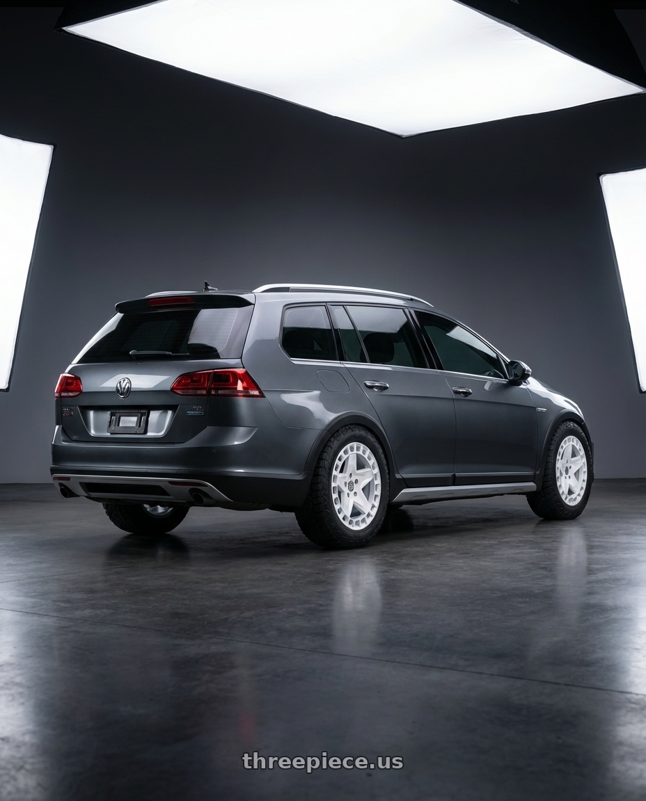 2017 Volkswagen golf alltrack sel with Victor Equipment ALPEN 5X130 17X8 +20 GLOSS WHITE wheels rear three quarter view meaty tires