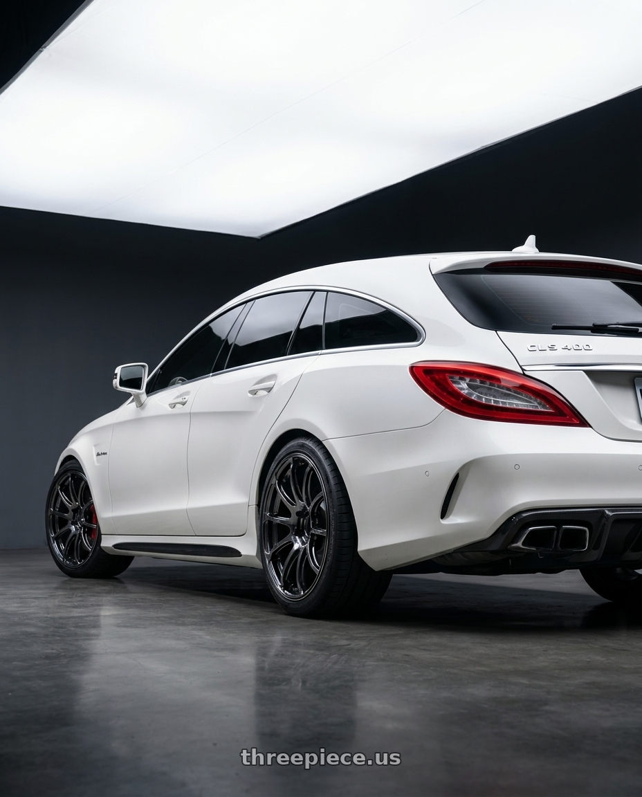 2016 CLS400 Shooting brake 4MATIC/white with Advan Racing RSIII 5x112 19x9.5 +38 BLACK CHROME wheels rear three quarter view square tires