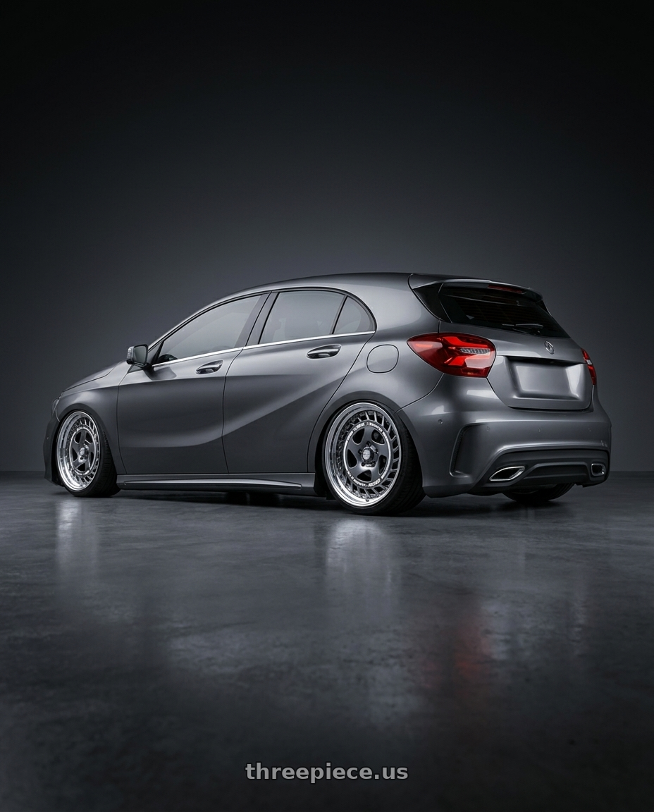 2017 Mercedes benz w176 with FORMULA AERO SPOKE 5X100 18X9.5+25 HP Disk Titan Silver wheels rear three quarter view slight stretch tires