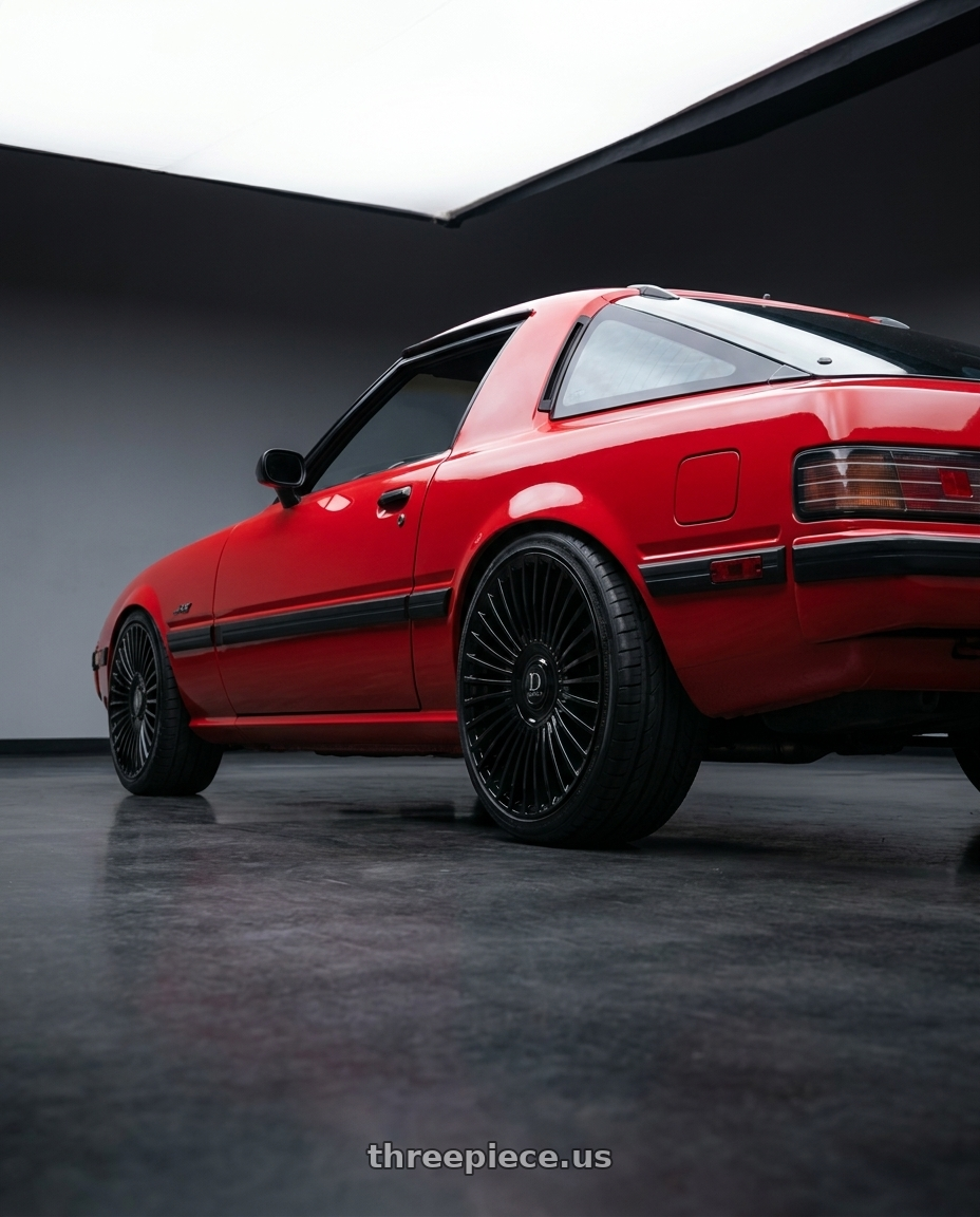 1985 mazda rx7 gsk with DOLCE LUXURY TRENTO 5x112/5x120 22x9 +30 Glossy Black wheels rear three quarter view square tires