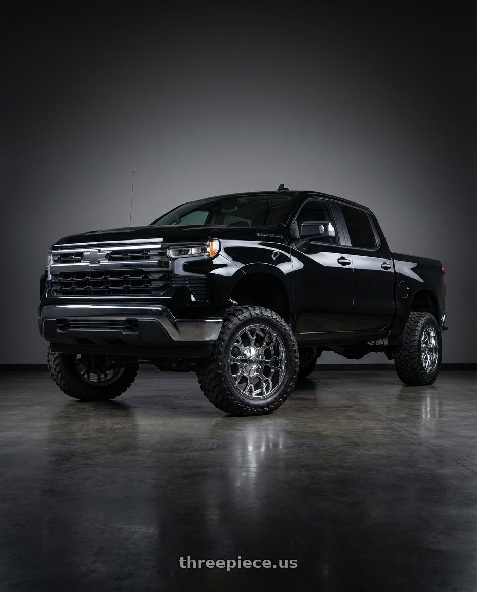2023 Chevrolet silverado 1500 LT Black with Mayhem Warrior 8015 5x150/5x139.7 20x9+18 Chrome wheels