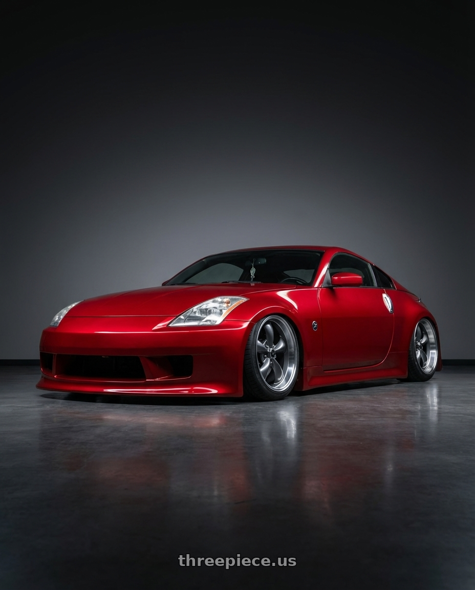 2004 Nissan 350z with American Racing AR105 TORQ THRUST M 5X100 17X7.5 +45 ANTHRACITE W/ MACHINED LIP wheels front three quarter view stanced stance