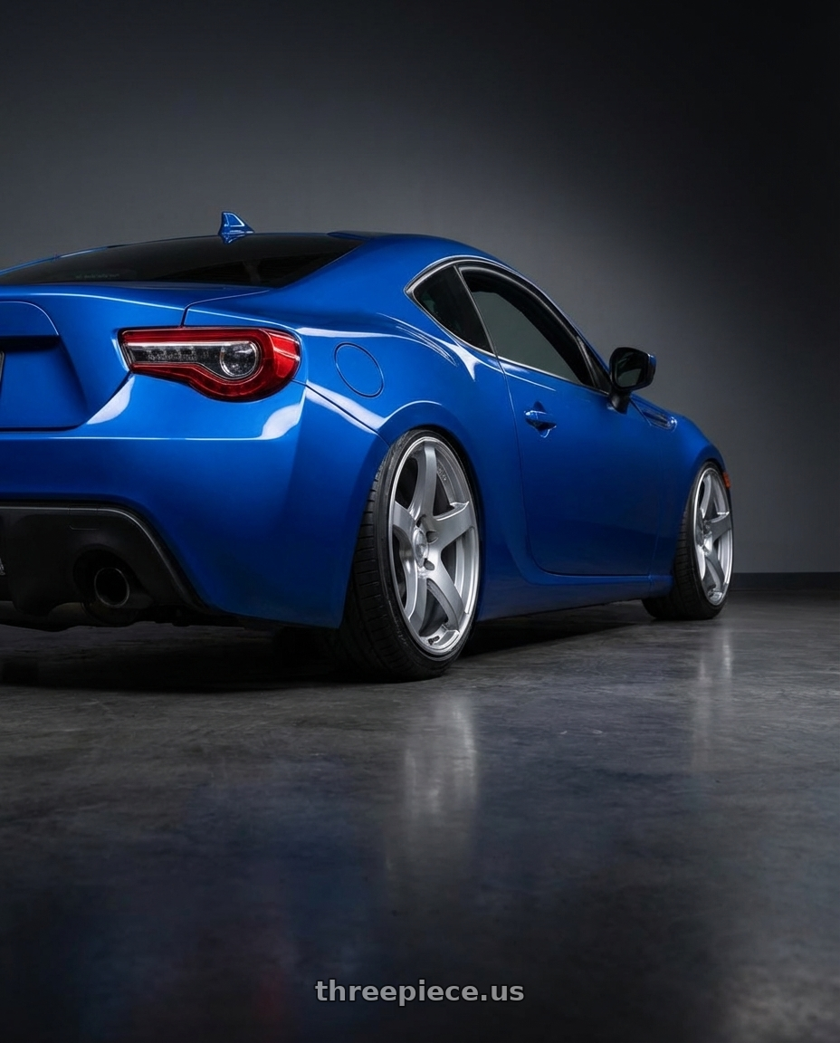 2017 Subaru BRZ with Ssr Gtv01 5x100 18x8.5+44  GLARE SILVER wheels rear three quarter view slight stretch tires