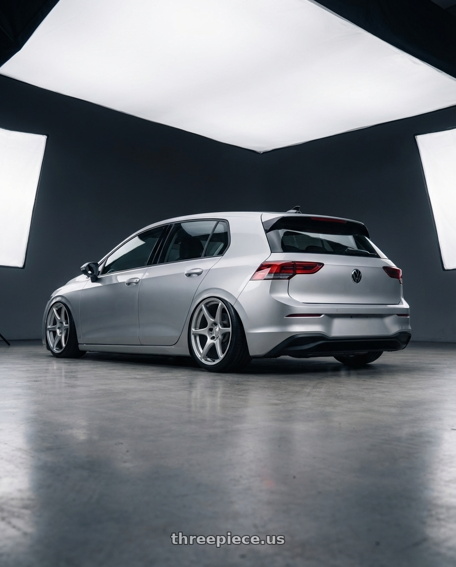 2024 Volkswagen Golf R MK8 with Kansei K11S Tandem 5X112 19x10.5 22 Hyper Silver wheels rear three quarter view slight stretch tires