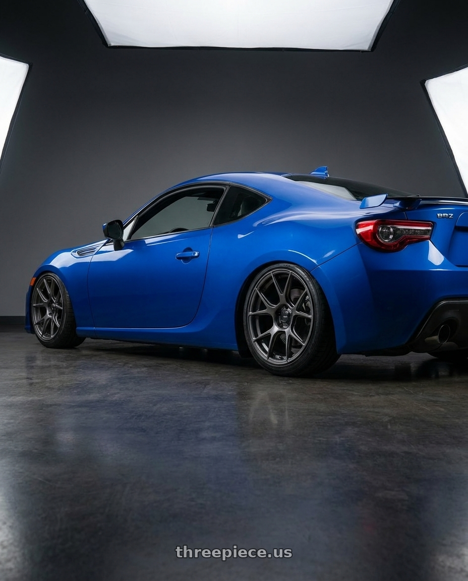 2017 Subaru BRZ with Konig Ampliform 5x100 18x8.5+44 Dark Metallic Graphite wheels rear three quarter view slight stretch tires