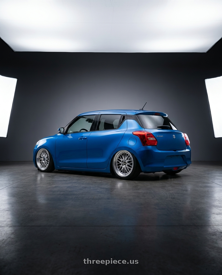 2022 Suzuki swift with BBS LM 5x114.3 17x7.5+38 Diamond Silver wheels rear three quarter view slight stretch tires