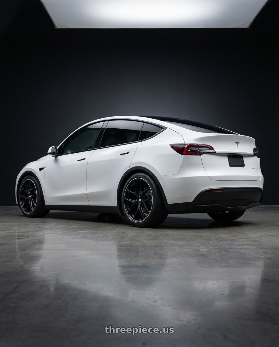 2024 Tesla Model Y with BBS CC-R 5x114.3 20x9.0+32 Satin Black wheels rear three quarter view square tires