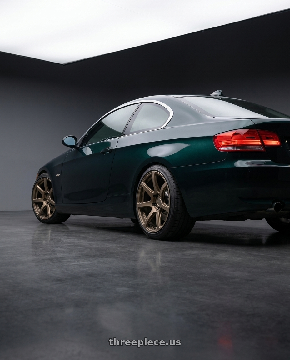 2008 bmw 335xi with Work Emotion T7r 5x120 18x8.5 +38 Matte Bronze wheels rear three quarter view square tires
