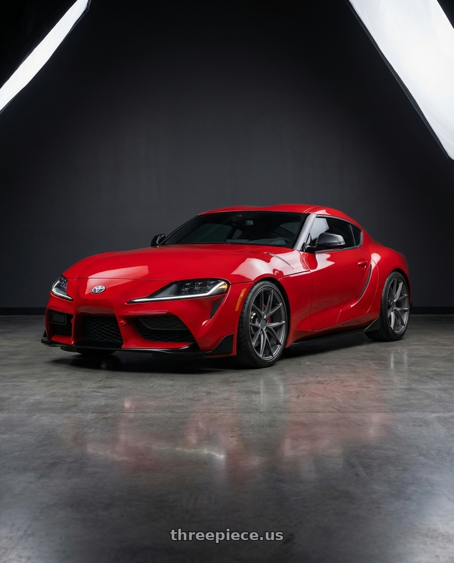 2023 Toyota GR Supra with Niche 1PC M116 MISANO 5X112 19X9.5 +38 MATTE GUN METAL wheels front three quarter view lowered stance
